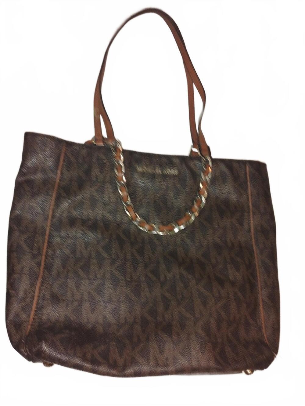Michael Kors Brown MK Signature Logo Tote Bag with Chain Strap & Tan Trim